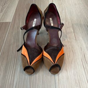 Brown and orange miu miu sandals